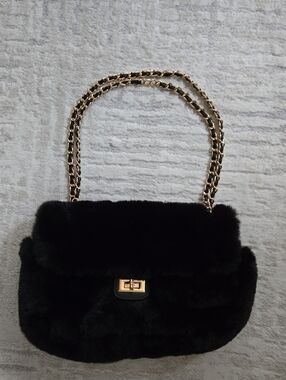 Black Faux Fur Chain Shoulder Bag with Gold Hardware